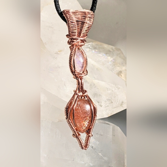 Luminous Sunstone Amulet Necklace Iridescent Moonstone Handmade Copper Frame - Picture 13 of 13